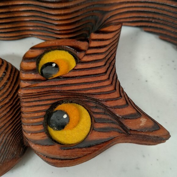 Anthropomorphic Crescent Moon And Owl Wall Hanging Carved Wood Wooden Vintage - Picture 9 of 12